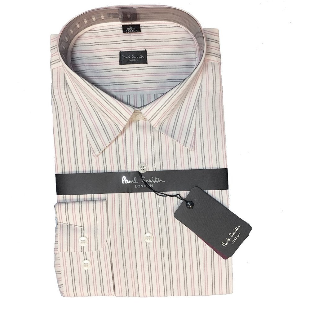 NEW Paul Smith Dress Shirt! 17 White With Pink & Gray Stripes 100% Cotton